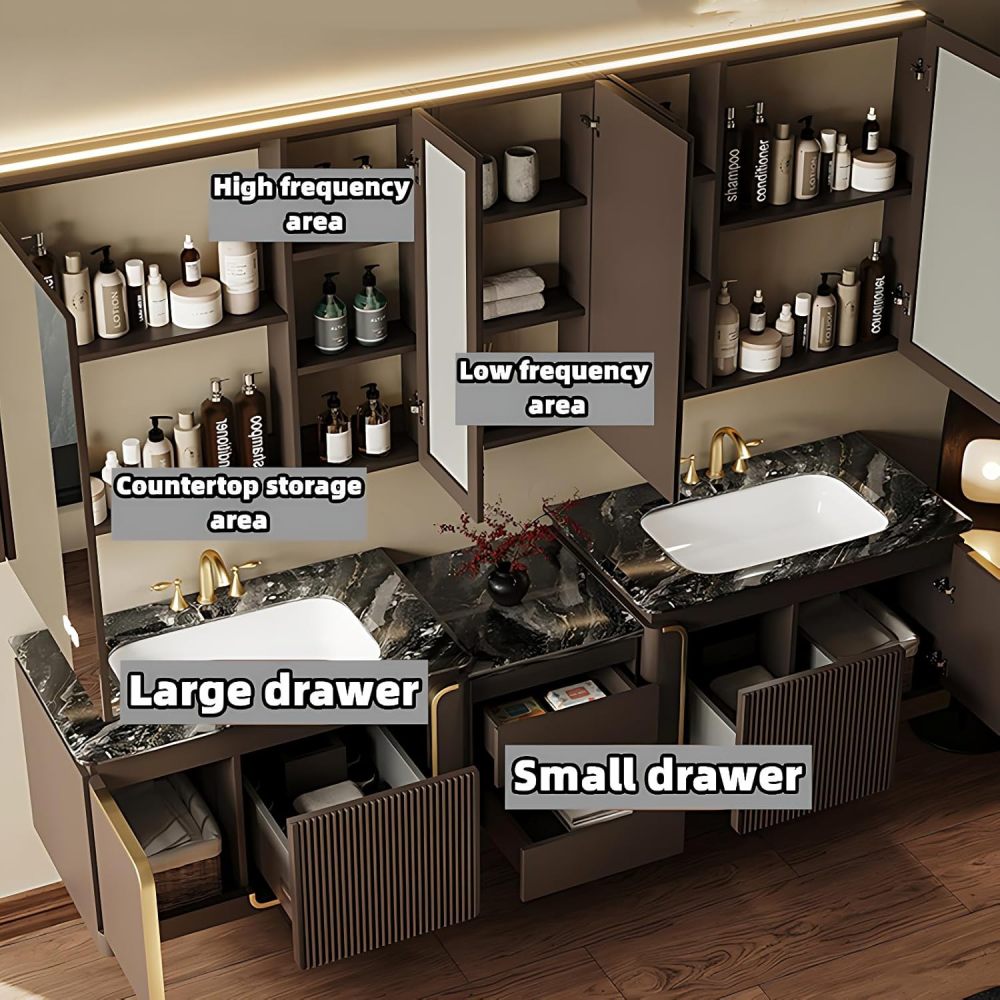 Modern Bathroom Vanity with Sink - Elegant Single/Double Sink Bathroom Vanity | Includes LED Smart Defog Mirror & Faucet | Wall-Mounted Multi-Layer Solid Wood