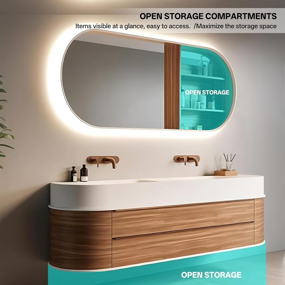 72 inch Double Sink Bathroom Vanity - Bathroom Vanity Set with LED Defogging Mirror, Floating Sink Cabinet and Modern Sensor Light, Soft Closing Drawers, Includes Accessories, Walnut