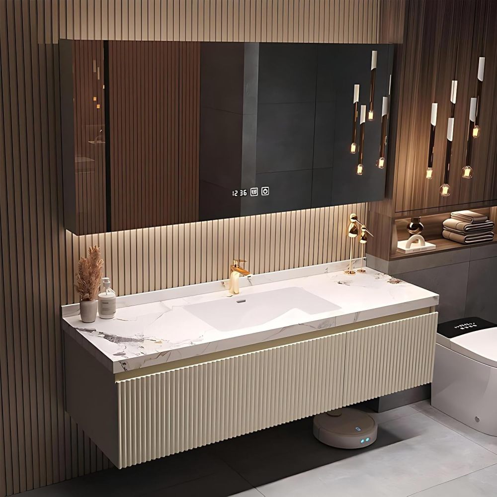 52 inch Bathroom Vanity - Single Sink Bathroom Vanity with Smart Defogging Mirror Set, Solid Wood, Sink Cabinet with Storage Drawer, Striped Design, Includes Accessories, Style B