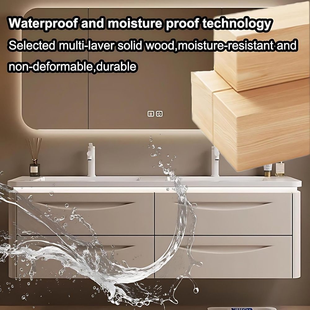 54IN Double Sink Bathroom Vanity - Modern Bathroom Vanity with Smart Defog Mirror, Floating Sink Cabinet with 4 Large Capacity Drawers, No Assembly Required