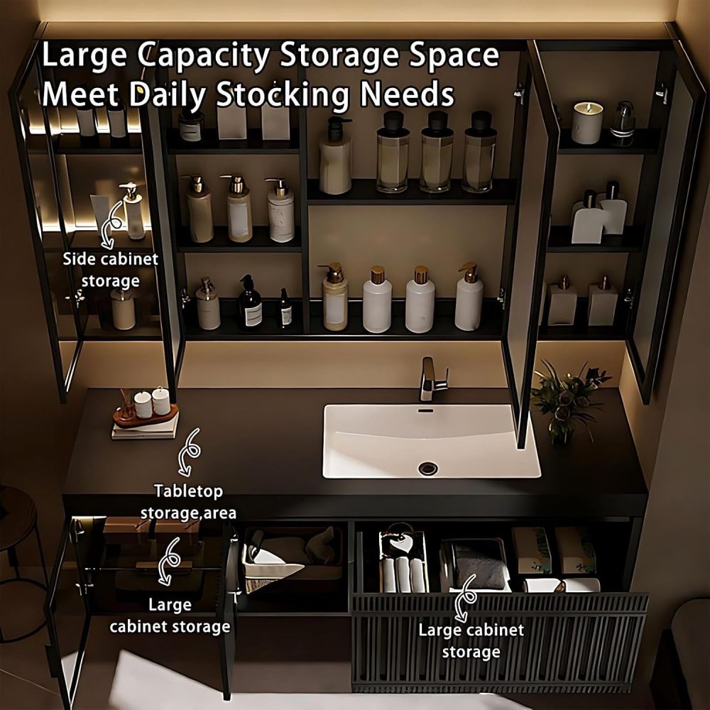 86IN Bathroom Vanity with Sink - Floating Sink Cabinet with Smart Defog Mirror, Modern Bathroom Vanity with Drawers and Cabinet Doors, No Assembly Required, Black-Mirror