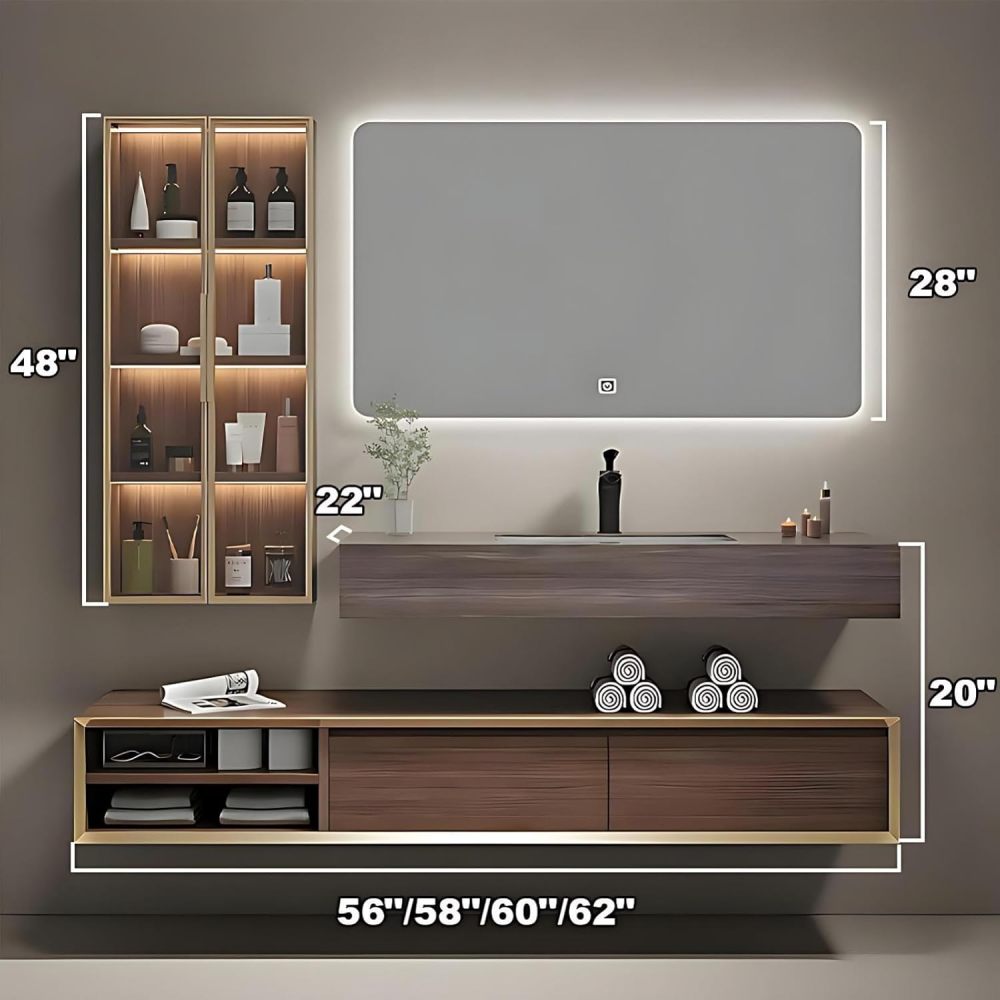 60IN Bathroom Vanity - Solid Wood Bathroom Vanity Set Includes Smart Defog LED Mirror and Side Glass Cabinet with Ambient Lights, Complete Accessorie, Fully Assembled, Brown