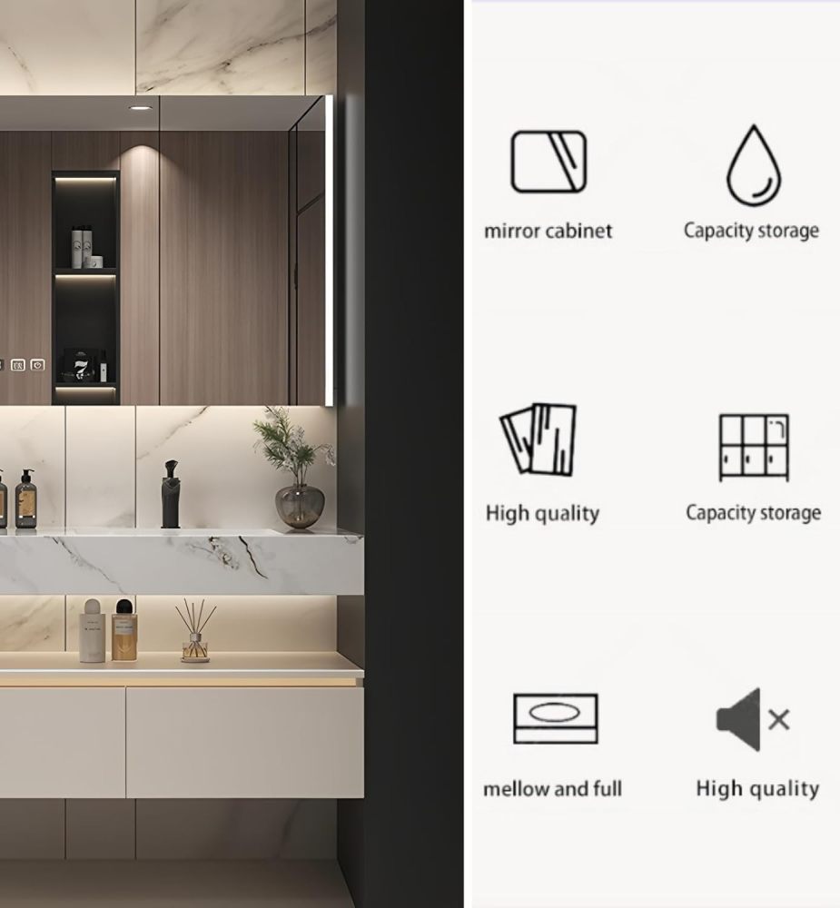 56IN Double Sink Bathroom Vanity - Modern Seamless Sink Set, LED Smart Defogger Mirror, Open Storage, Integrated Countertop Design, Includes Accessories, Milk White
