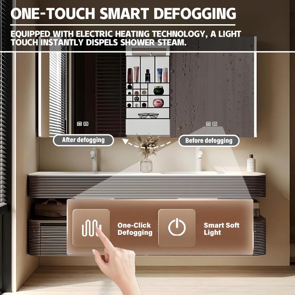 90IN Modern Solid Wood Bathroom Vanity with Sink - Stylish Wall-Mounted Vanity Cabinet with Smart Anti-Fog Mirror, Integrated Stone Sink, Ample Storage & Customizable Size, Brown
