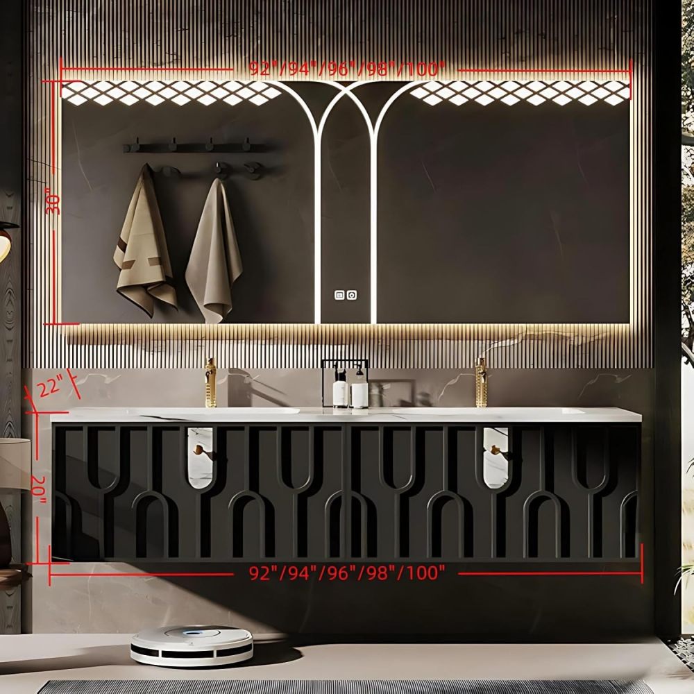 92 inch Bathroom Vanity Sink Set - Bathroom Vanity with Smart Defogging Mirror, Solid Wood Sink Cabinet and Large Countertop, Large Storage Space, Including Accessories, Black