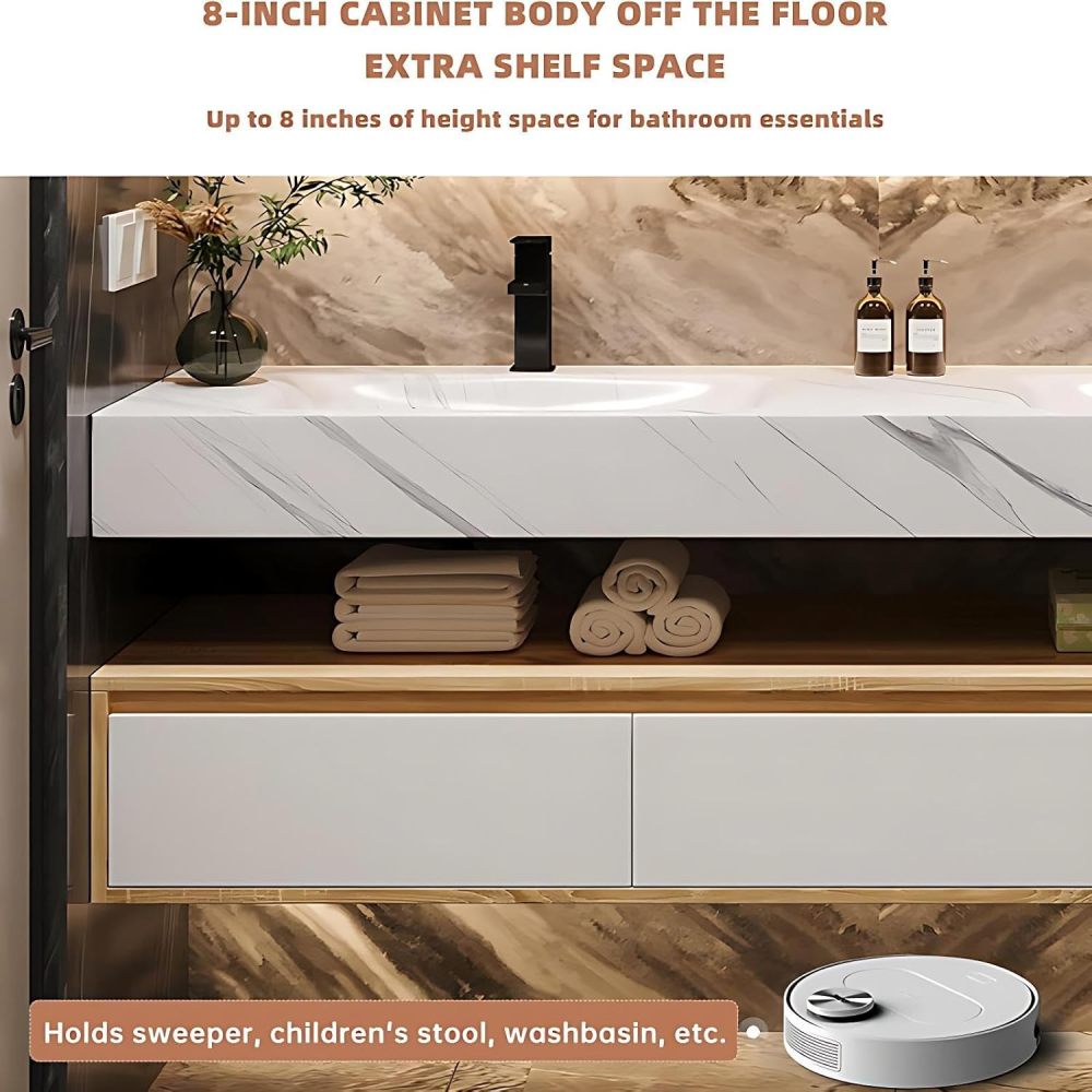 54 inch Double Sink Bathroom Vanity - Modern Bathroom Vanity with LED Smart Anti-Fog Mirror & Open Storage Layer, Drawer & One-Piece Sink, Includes Accessories, Fully Assembled, White