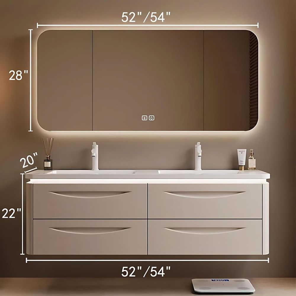 54IN Double Sink Bathroom Vanity - Modern Bathroom Vanity with Smart Defog Mirror, Floating Sink Cabinet with 4 Large Capacity Drawers, No Assembly Required