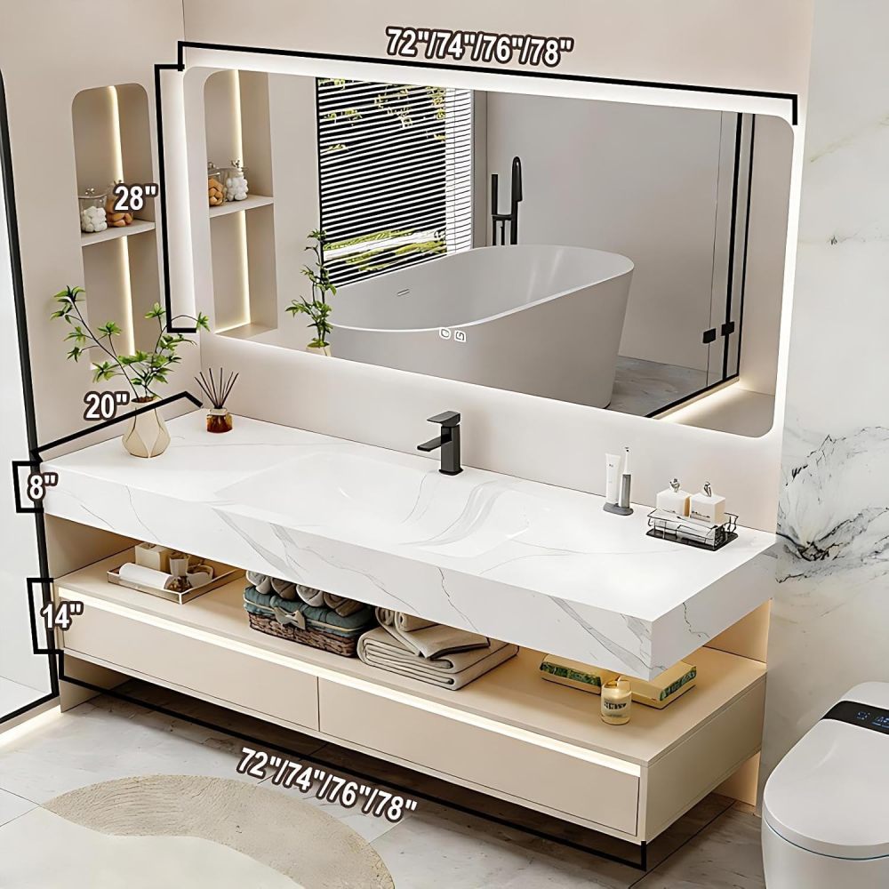74IN Bathroom Vanity with Sink - Modern Floating Single Sink Vanity Cabinet & Defogger Mirror, One-Piece Sink Design, Solid Wood Waterproof, Motion-Sensitive Lighting, Customizable Sizes
