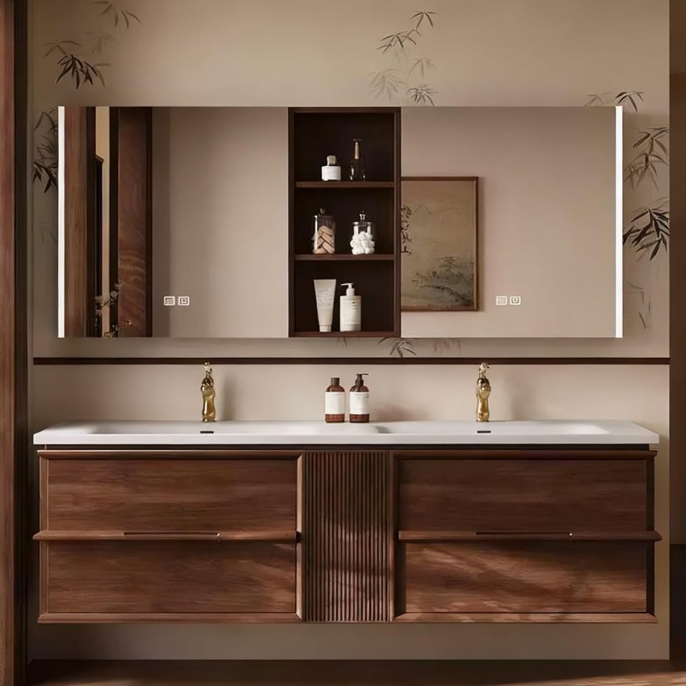 80IN Bathroom Vanity with Sink - Modern Double Floating Sink Design with Smart Defog Mirror, Solid Wood Bathroom Vanity Cabinet, Sizes Customizable - Complete Accessories, Mirror Cabinet