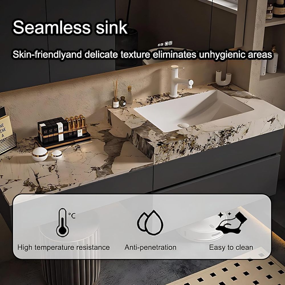 66IN Bathroom Vanity with Sink - Modern Bathroom Vanity with Smart Defog Mirror, Simple Sink Cabinet with 2 Drawers, Includes Makeup Stool, No Assembly Required
