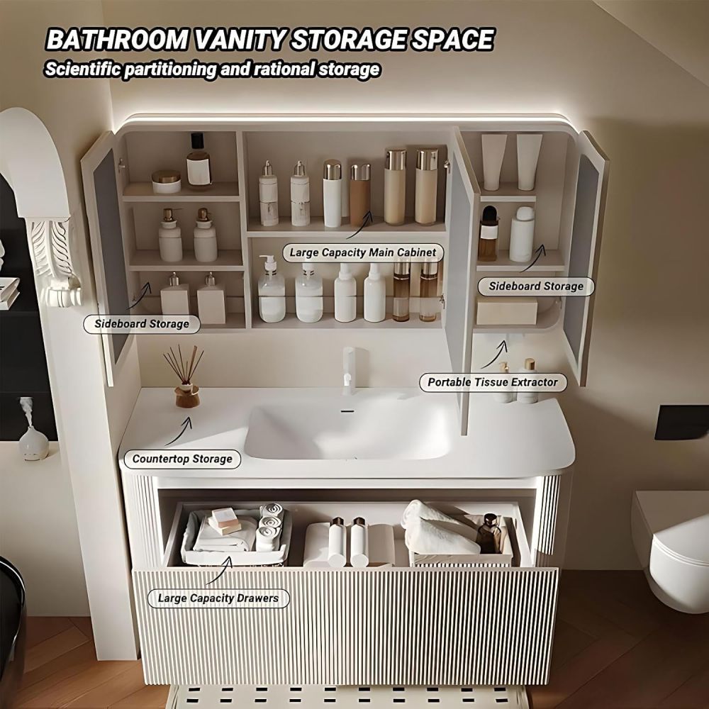 54 inch Bathroom Vanity with Sink - Solid Wood Bathroom Sink Cabinet with Large Countertop and Sensor Light, Smart Defogging Mirror Cabinet, Includes Accessories, Fully Assembled, White