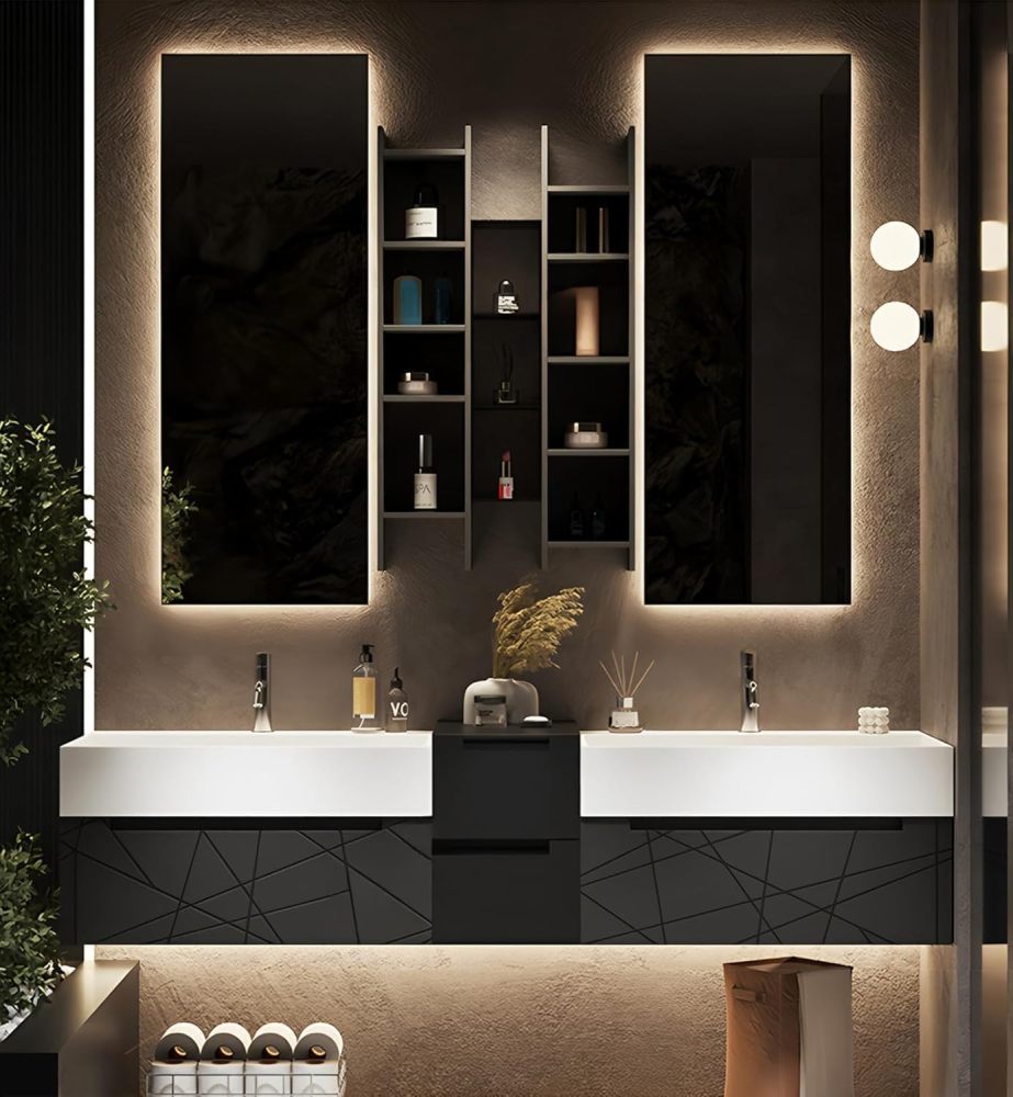 68IN Double Bathroom Vanity with Sink - Modern Bathroom Vanity Set with LED Smart Defogging Mirror and Open Storage Cabinet, Solid Wood, Complete Accessorie, Dark Grey
