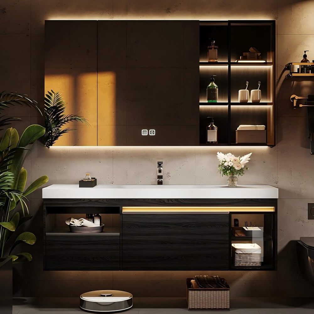 60IN Modern Solid Wood Bathroom Vanity with Sink - Stylish Bathroom Vanity Cabinet with Anti-Fog Mirror, Single Floating Sink DesignIntegrated Stone Sink, Customizable Sizes, Black