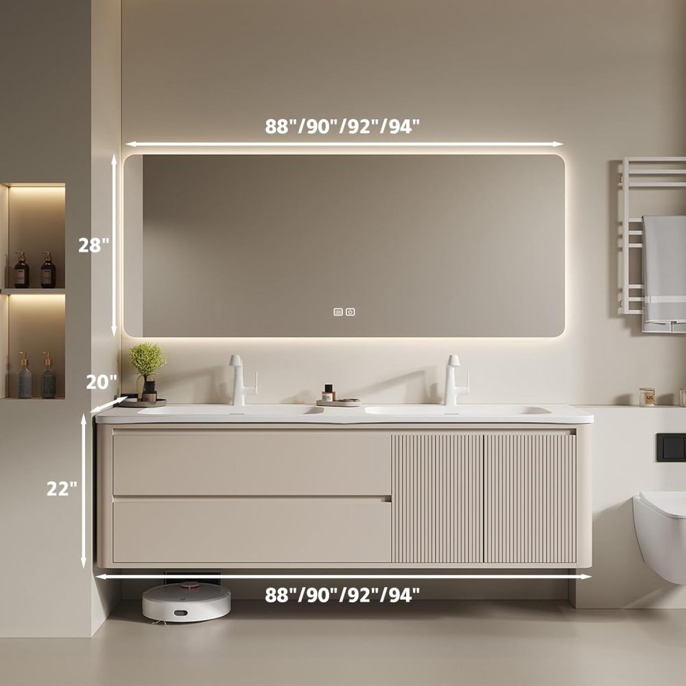 92IN Solid Wood Bathroom Vanity with Sink - Single Floating Sink Design, Retro Bathroom Vanity Cabinet with Smart Defog Mirror & Seamless Stone Sink& Ample Storage - Customizable Sizes