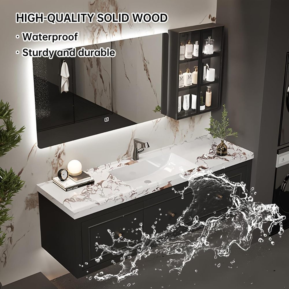 72 inch Bathroom Vanity - Bathroom Vanity with Smart LED Mirror & Glass Door Cabinet, Large Countertop and Integrated Basin, Includes Accessories, Black