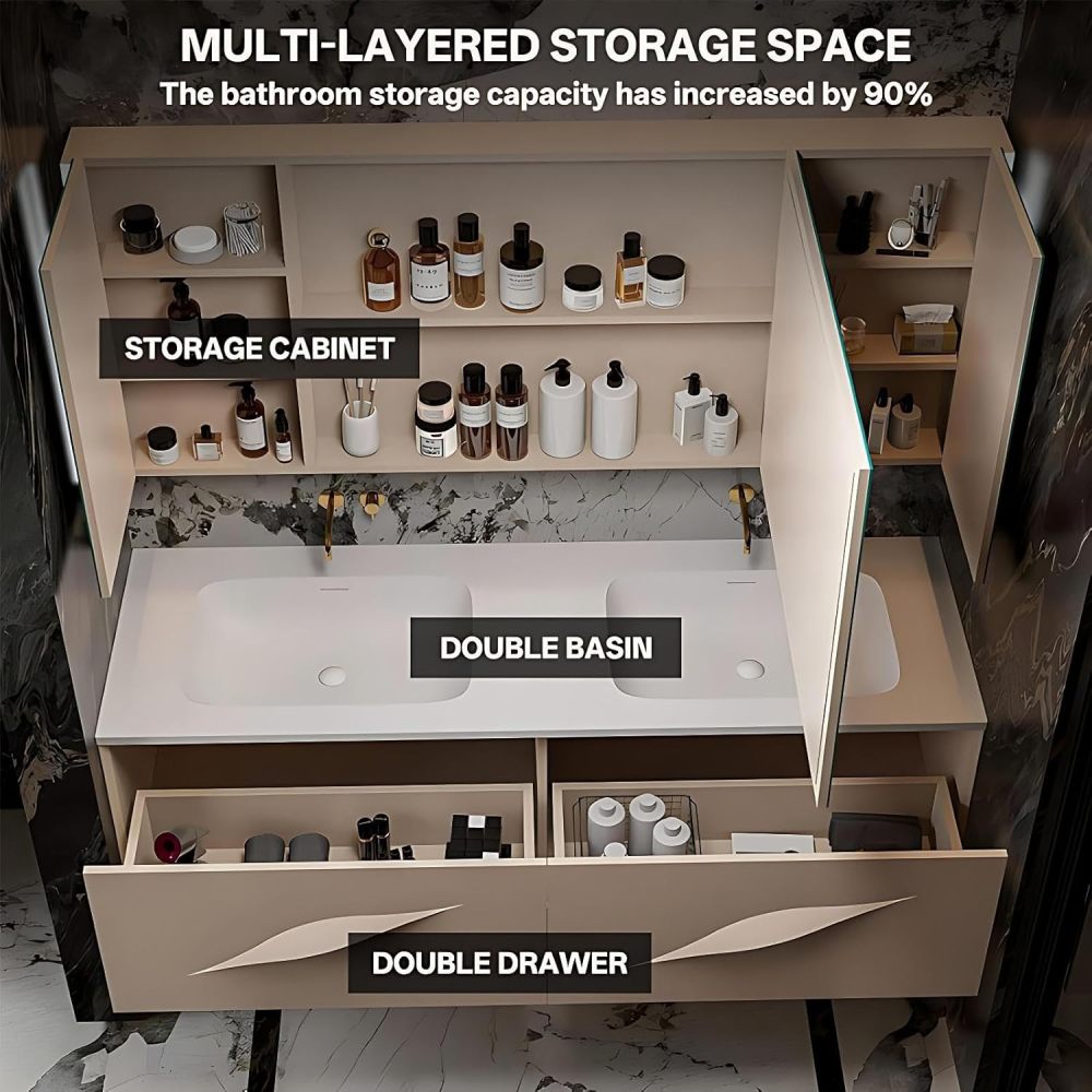 60IN Bathroom Vanity with Sink - Modern Bathroom Vanities Includes Smart Defogging Mirror Cabinet, Large Countertop and One-Piece Sink, Includes Accessories, Customizable, White