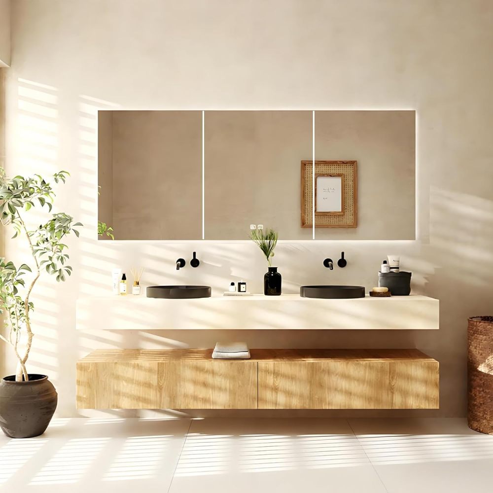 72IN Bathroom Vanity with Sink - Modern Bathroom Vanity Cabinet with Smart Defog Mirror, Double Floating Sink Design, Large Storage Space, Solid Wood - Complete Accessories, Mirror Cabinet