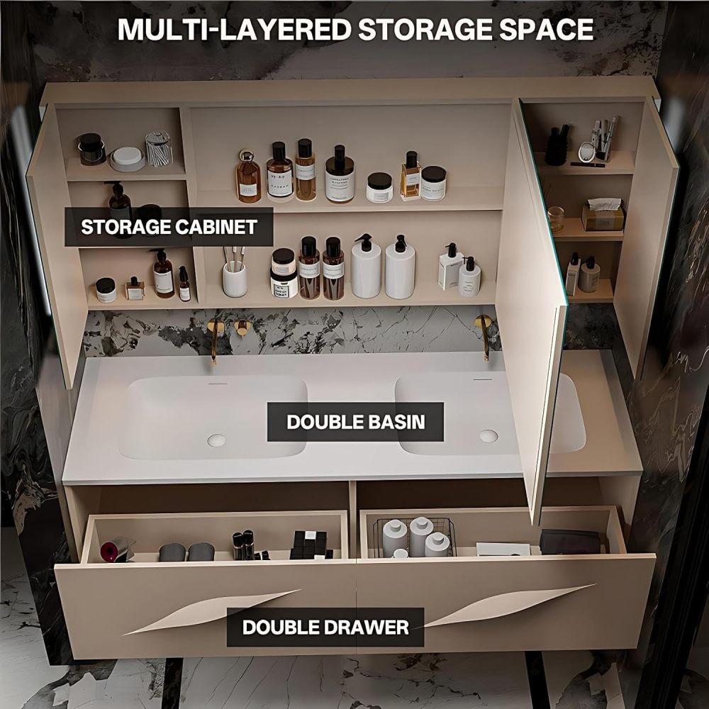 62IN Modern Bathroom Vanity with Sink - Waterproof Bathroom Sink Cabinet with Mirror, Wall-Mounted Vanity, Intelligent Defogging, Solid Wood, Customizable Sizes - Easy to Install, White