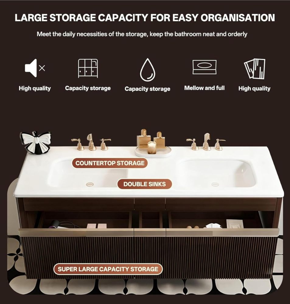 98 inch Double Sink Bathroom Vanity - Bathroom Vanity with Smart Defogging Mirror, Floating Storage Sink Cabinet with Ambient Light, Includes Accessories, Beige