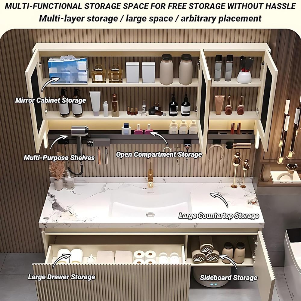 52 inch Bathroom Vanity - Single Sink Bathroom Vanity with Smart Defogging Mirror Set, Solid Wood, Sink Cabinet with Storage Drawer, Striped Design, Includes Accessories, Style B