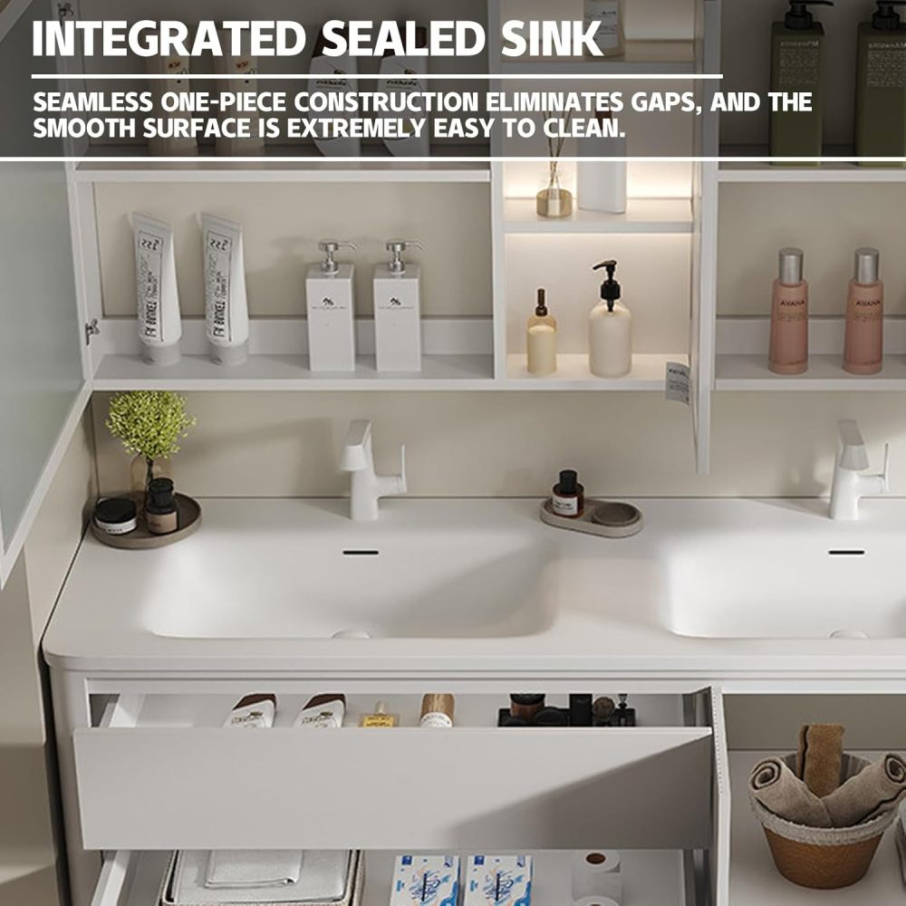 92IN Solid Wood Bathroom Vanity with Sink - Single Floating Sink Design, Retro Bathroom Vanity Cabinet with Smart Defog Mirror & Seamless Stone Sink& Ample Storage - Customizable Sizes