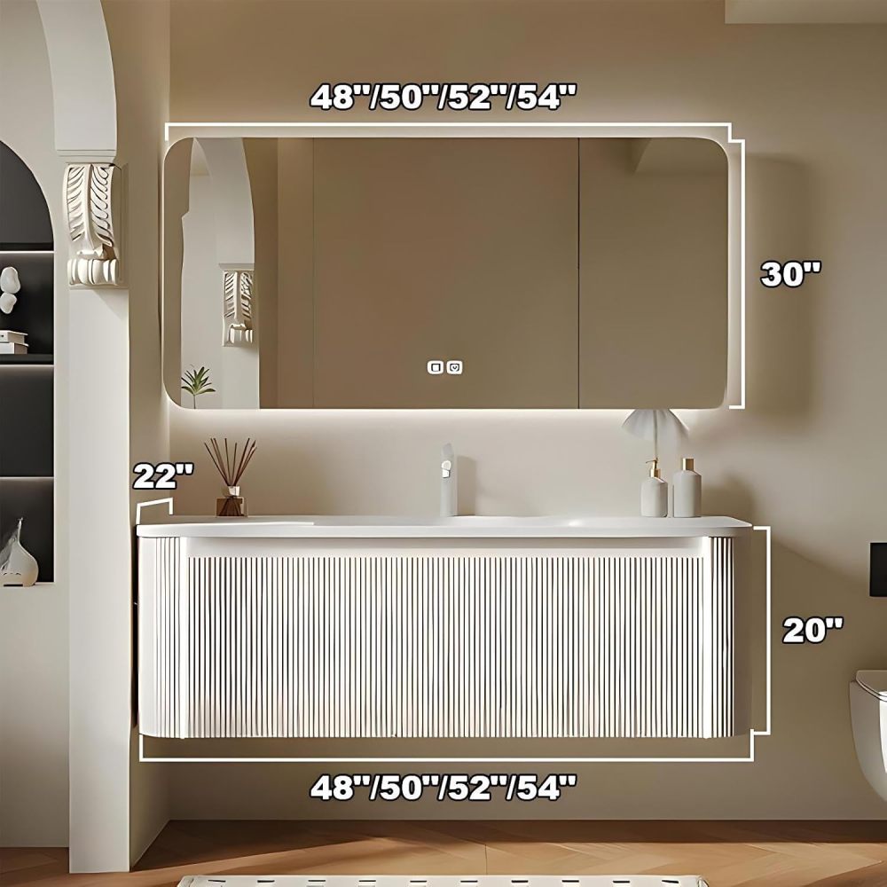 54 inch Bathroom Vanity with Sink - Solid Wood Bathroom Sink Cabinet with Large Countertop and Sensor Light, Smart Defogging Mirror Cabinet, Includes Accessories, Fully Assembled, White
