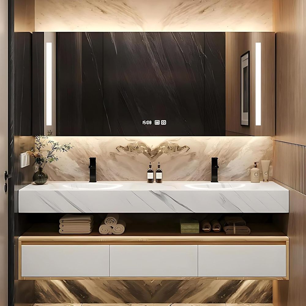 54 inch Double Sink Bathroom Vanity - Modern Bathroom Vanity with LED Smart Anti-Fog Mirror & Open Storage Layer, Drawer & One-Piece Sink, Includes Accessories, Fully Assembled, White