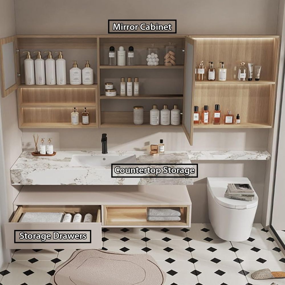 82IN Bathroom Vanity with Sink - White Bathroom Vanity Cabinet with Extension Strip&Smart Defog Mirror, Single Floating Sink Design, Customizable Size - Complete Accessories, Cabinet Mirror A