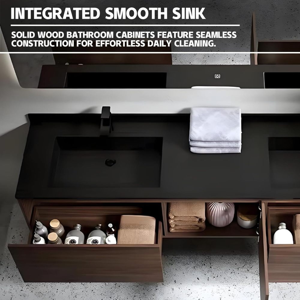 90IN Modern Bathroom Vanity with Sink - Double Floating Sink Design, Bathroom Vanity Cabinet with Smart Defogging Mirror & Storage Drawers, Solid Wood - Customizable Size, Brown