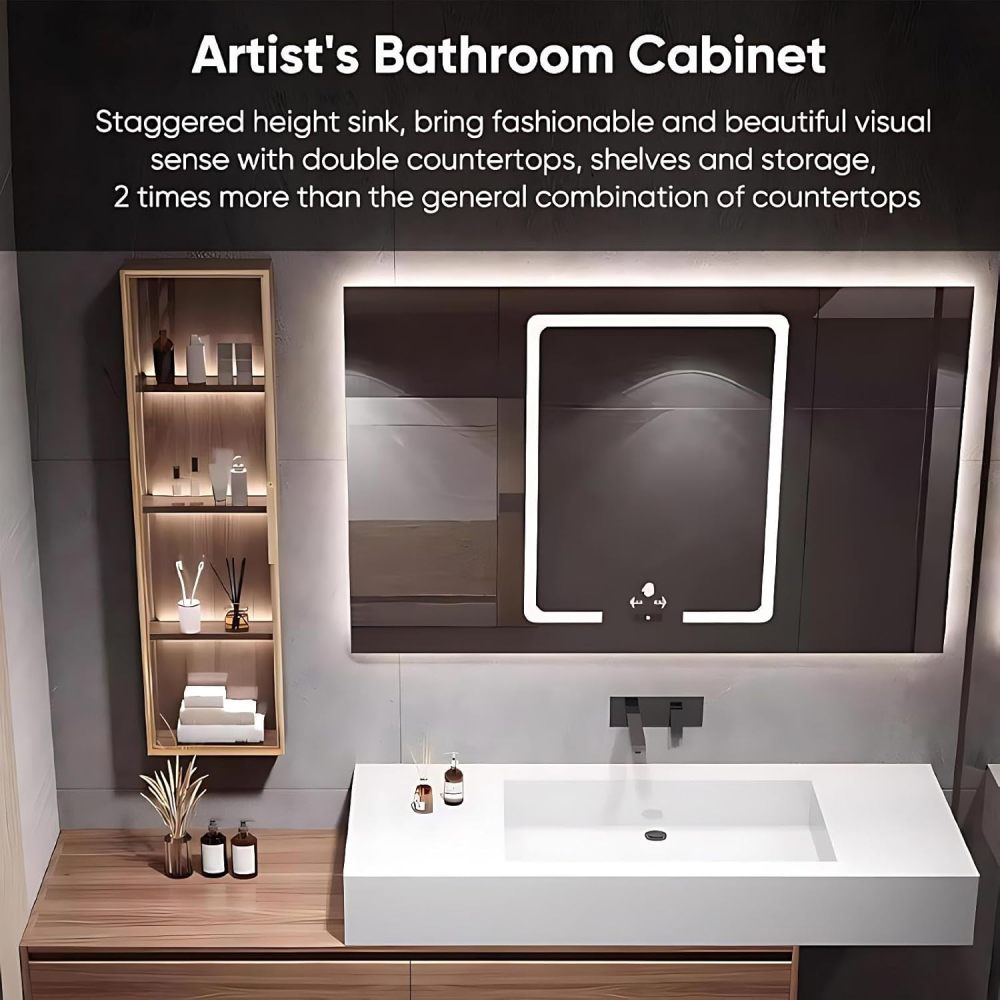 80 inch Bathroom Vanity with Sink - Bathroom Vanity with Smart Defogging Mirror Cabinet with Lighting & Glass Side Cabinet, Unique Countertop Design, Includes Accessories, Brown