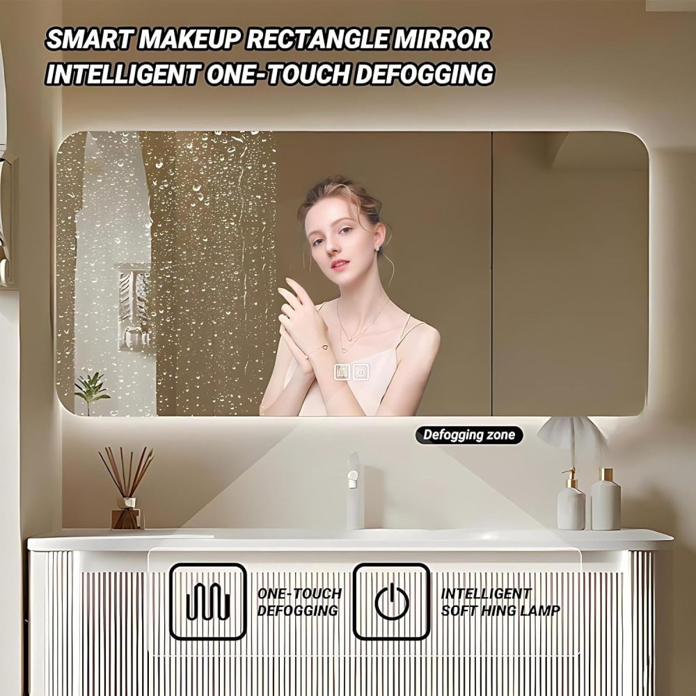 54 inch Bathroom Vanity with Sink - Solid Wood Bathroom Sink Cabinet with Large Countertop and Sensor Light, Smart Defogging Mirror Cabinet, Includes Accessories, Fully Assembled, White