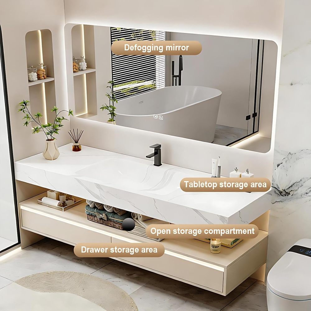 74IN Bathroom Vanity with Sink - Modern Floating Single Sink Vanity Cabinet & Defogger Mirror, One-Piece Sink Design, Solid Wood Waterproof, Motion-Sensitive Lighting, Customizable Sizes