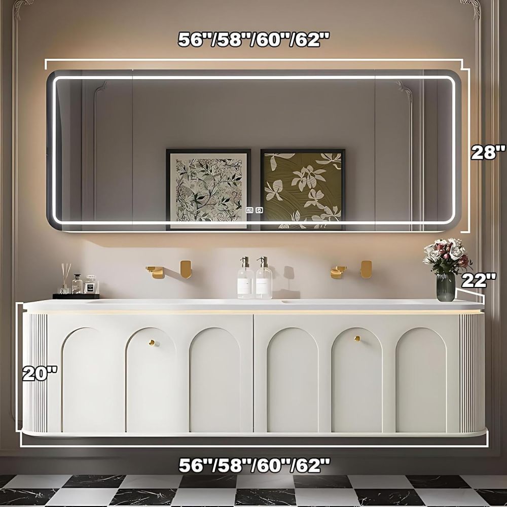 60IN Double Sink Bathroom Vanity - Elegant Bathroom Vanities with LED Smart Defogging Mirror Cabinet and One-Piece Sink, Motion Sensor Light, Solid Wood, Complete Accessorie, White