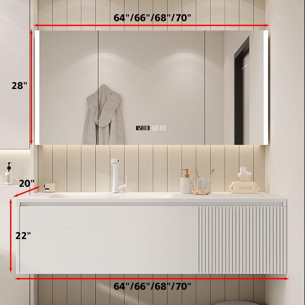 68IN Retro Solid Wood Bathroom Vanity with Sink - Stylish Bathroom Vanity Cabinet for Home Renovation, Single Floating Sink Design with Smart Defog Mirror, Ample Storage, White