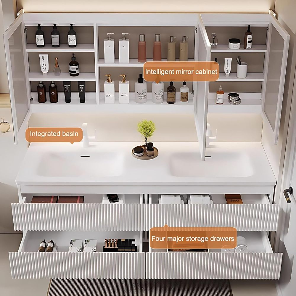 84IN Double Sink Bathroom Vanity - Modern Bathroom Vanity with Smart Defogging Mirror, Simple Sink Cabinet with 4 Drawers & Seamless Sink, No Assembly Required