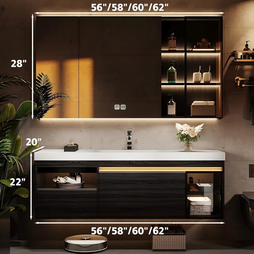 60IN Modern Solid Wood Bathroom Vanity with Sink - Stylish Bathroom Vanity Cabinet with Anti-Fog Mirror, Single Floating Sink DesignIntegrated Stone Sink, Customizable Sizes, Black