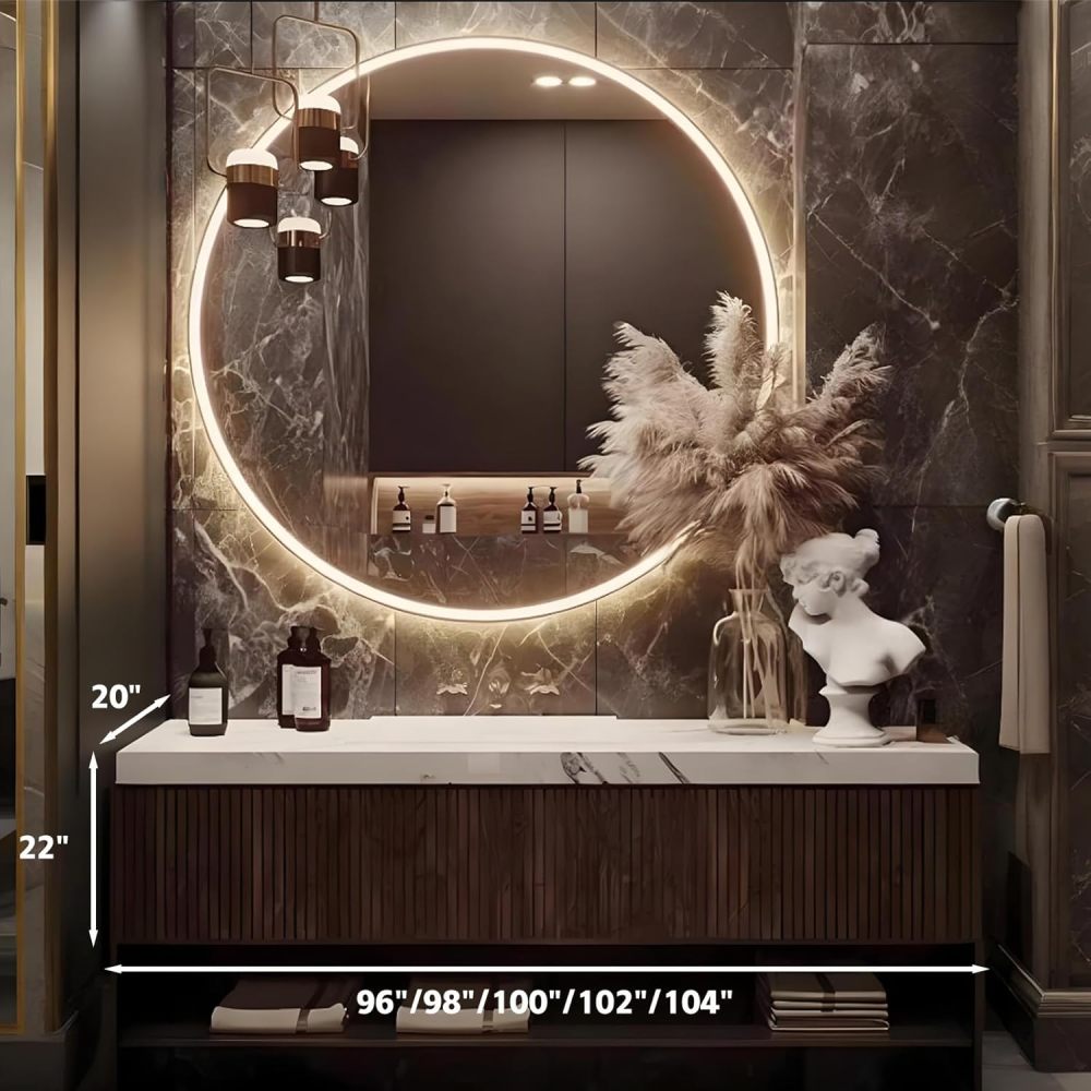 104IN Solid Wood Bathroom Vanity with Sink - Retro Single Floating Sink, Bathroom Vanity Cabinet with Smart Anti-Fog Mirror & Seamless Stone Sink - Customizable Sizes, Brown