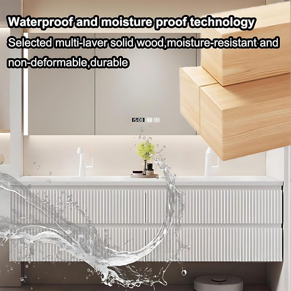 84IN Double Sink Bathroom Vanity - Modern Bathroom Vanity with Smart Defogging Mirror, Simple Sink Cabinet with 4 Drawers & Seamless Sink, No Assembly Required