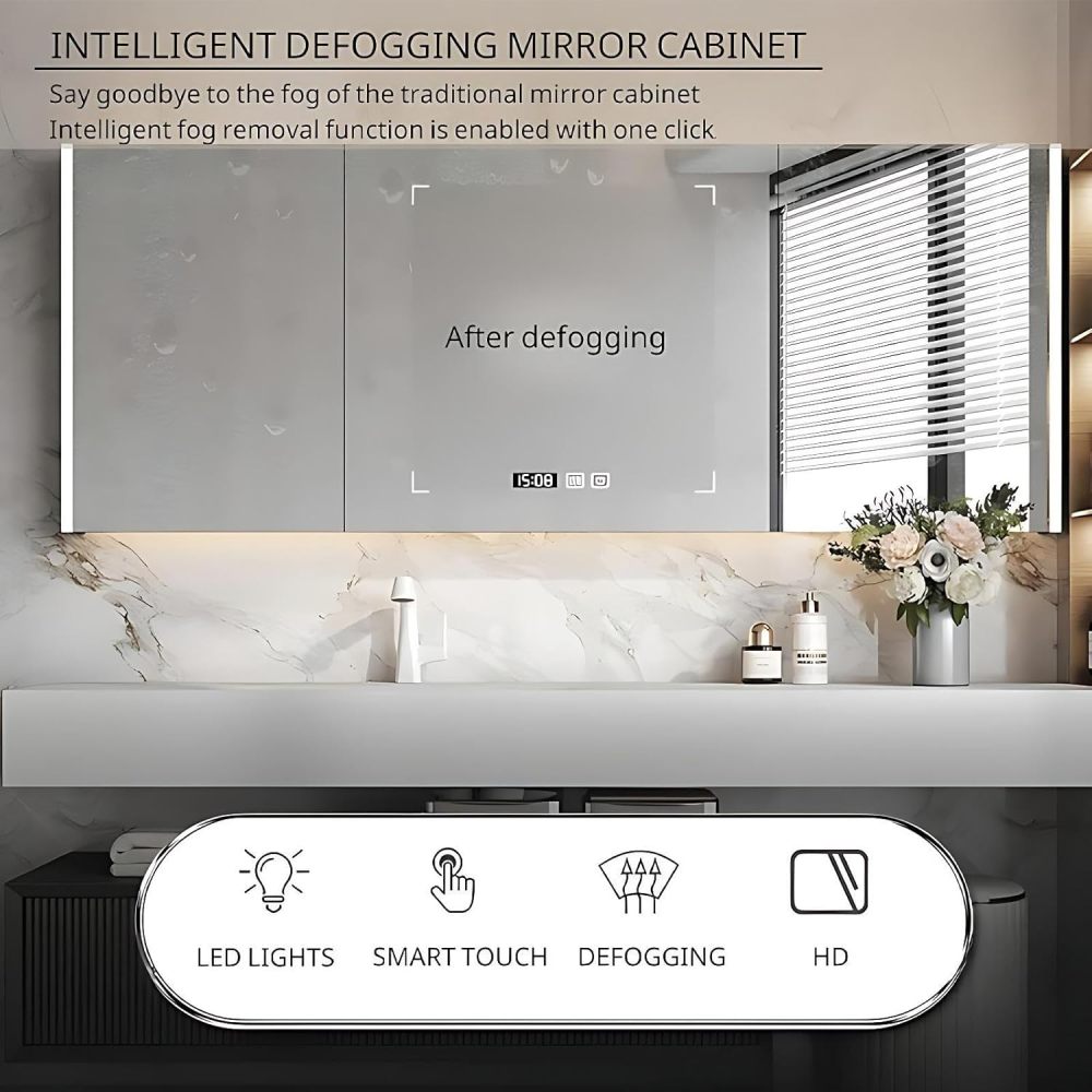 96 inch Bathroom Vanity with Sink - Modern Bathroom Vanities with Smart Defogging Mirror Cabinet, Solid Wood Extend Makeup Table Area, Includes Stool & Accessories, Black