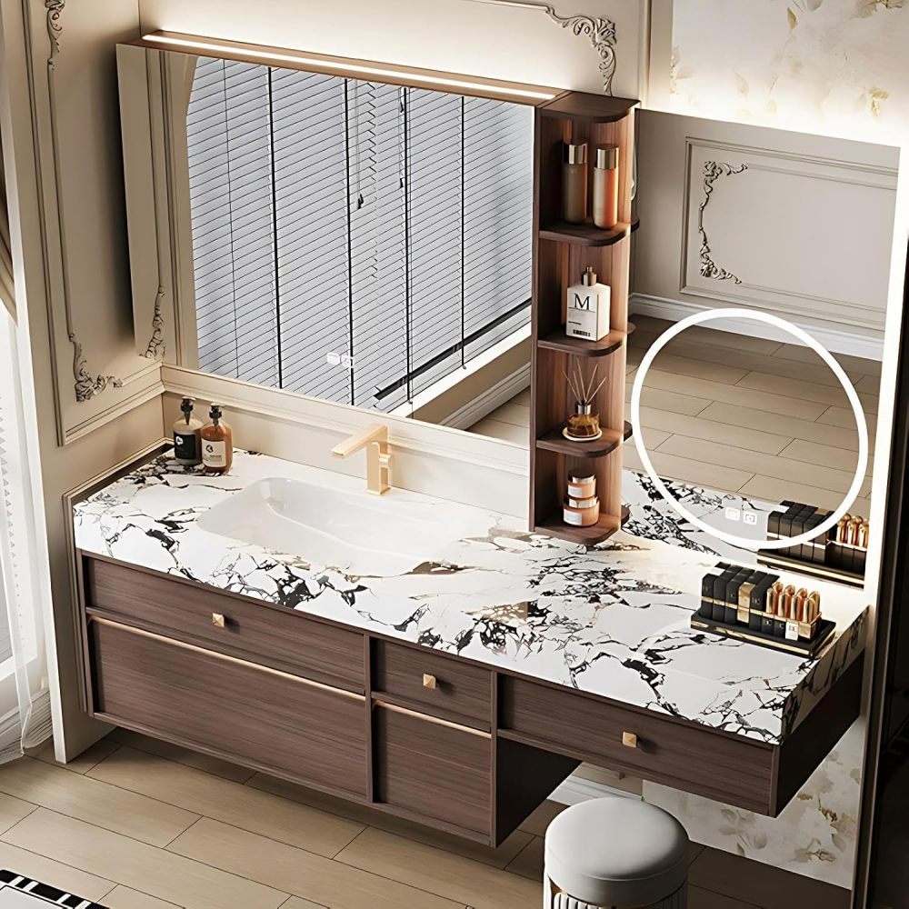 98IN Bathroom Vanity with Sink - Modern Single Sink Floating Solid Wood Bathroom Vanity Cabinet, Featuring Defogging Mirror Cabinet and Integrated Sintered Stone Sink, Separate Vanity Area