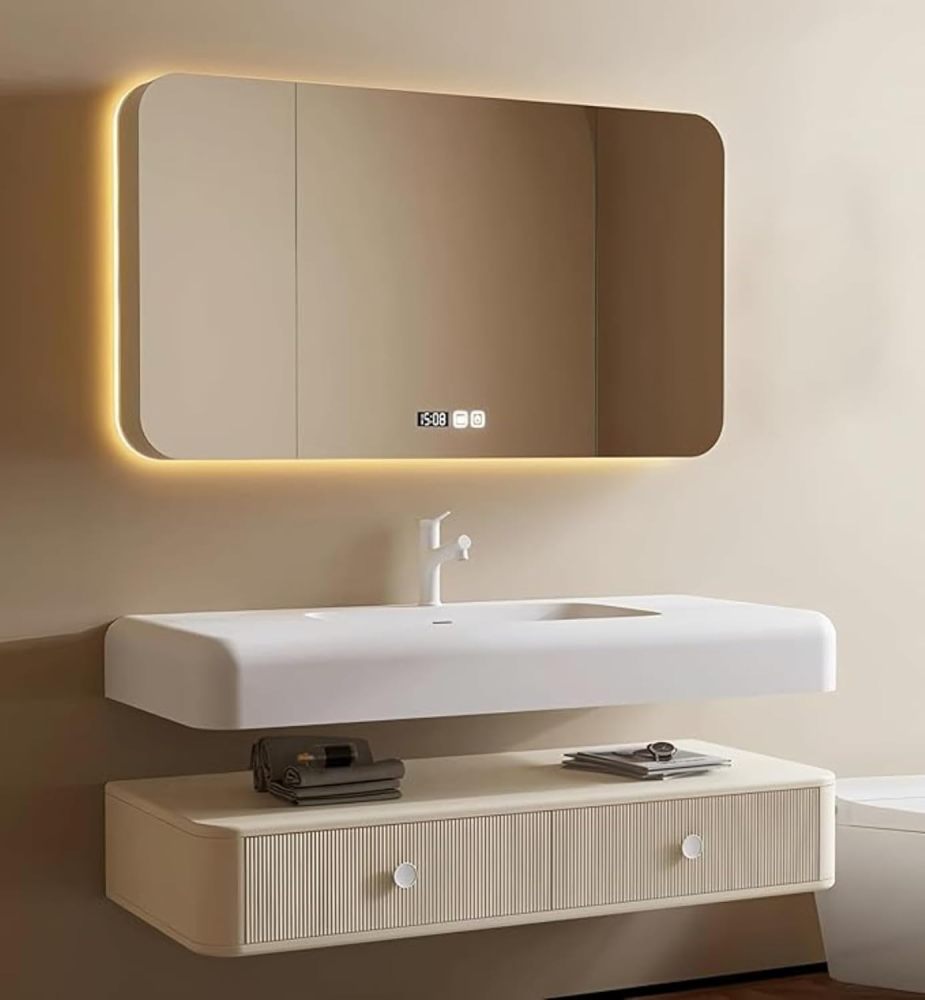 94 inch Wall-Mount Bathroom Sink Vanity - Floating Bathroom Vanity with LED Smart Defog Mirror Cabinet, Solid Wood, Seamless Countertop, Striped Drawers, Include Accessories, Apricot