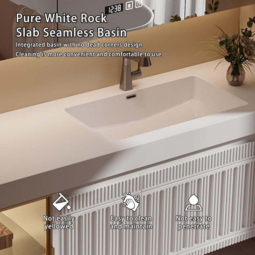 86IN Bathroom Vanity with Sink - Floating Sink Cabinet with Smart Defog Mirror, Modern Bathroom Vanity with Drawers and Cabinet Doors, No Assembly Required, Black-Mirror