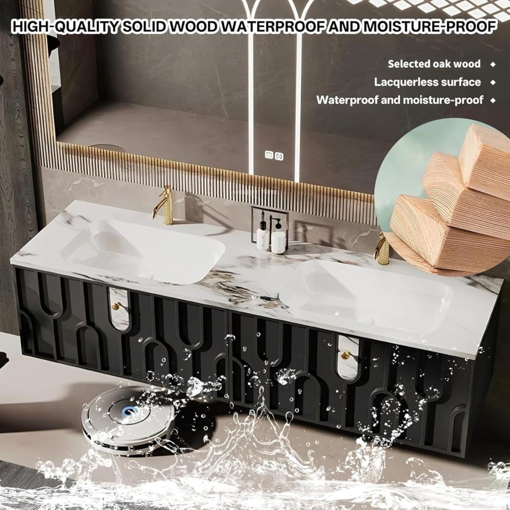 92 inch Bathroom Vanity Sink Set - Bathroom Vanity with Smart Defogging Mirror, Solid Wood Sink Cabinet and Large Countertop, Large Storage Space, Including Accessories, Black