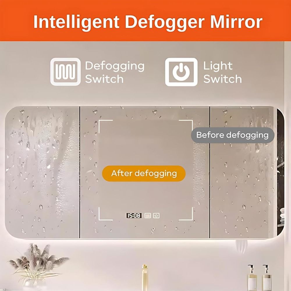 60IN Bathroom Vanity - Solid Wood Bathroom Vanity Set Includes Smart Defog LED Mirror and Side Glass Cabinet with Ambient Lights, Complete Accessorie, Fully Assembled, Brown