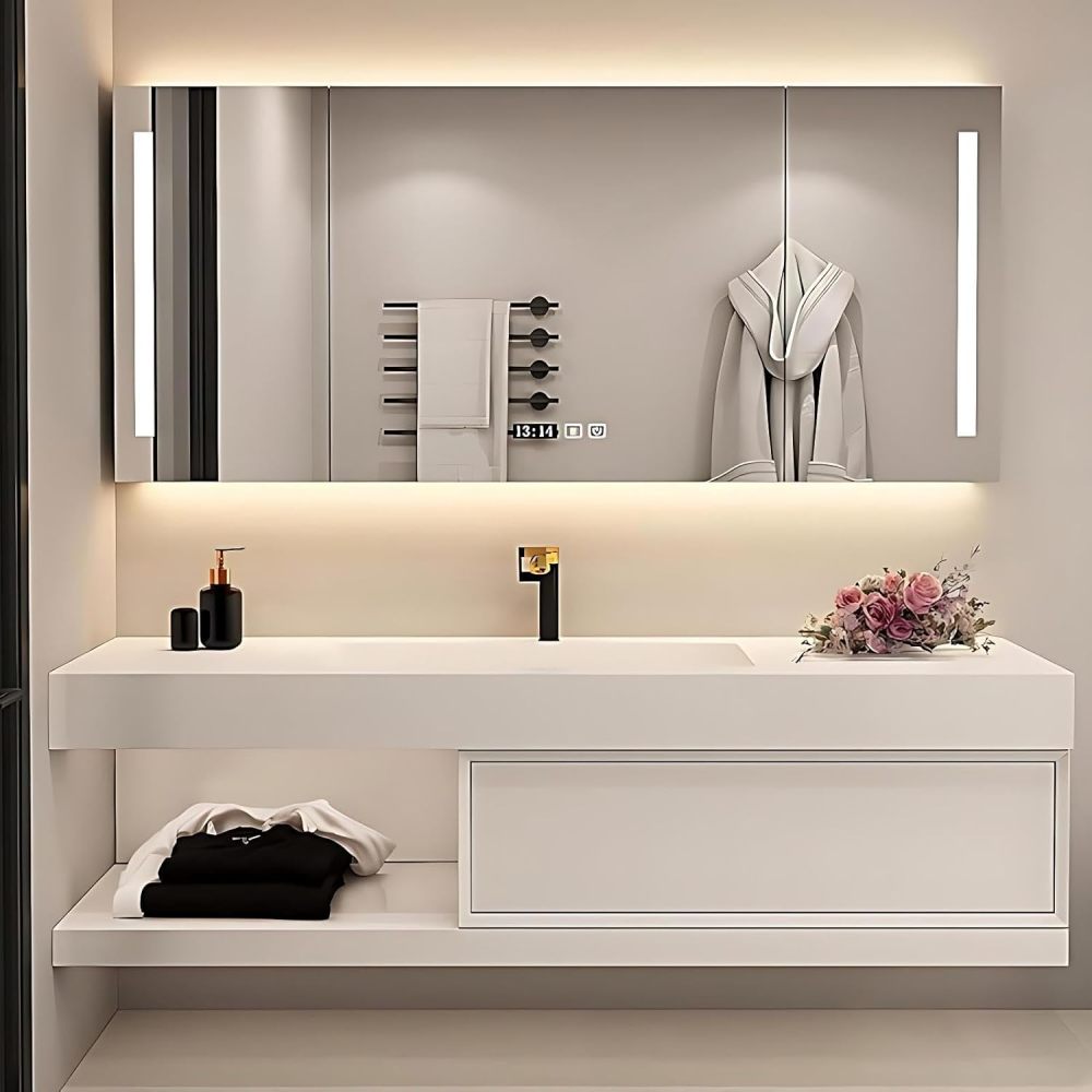 44 inch Bathroom Vanity with Sink - Wall-Mounted Bathroom Vanity Set Includes One Piece Sink & Large Countertop, Defog Mirror Cabinet, Includes Accessories, White A