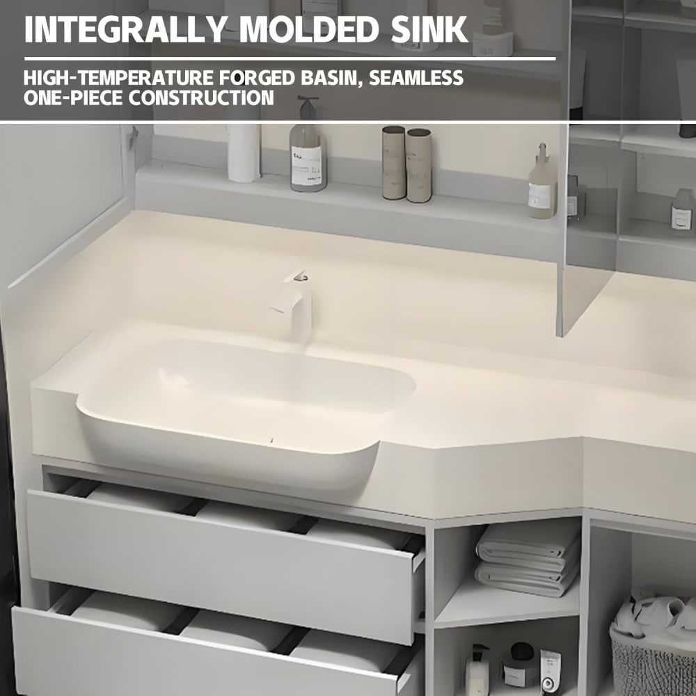 36IN Modern Bathroom Vanity with Sink - Solid Wood Bathroom Vanity Cabinet with Smart Defog Mirror, Silent Drawer, Single Wall-Mounted Floating Sink Design, Customized Size, White