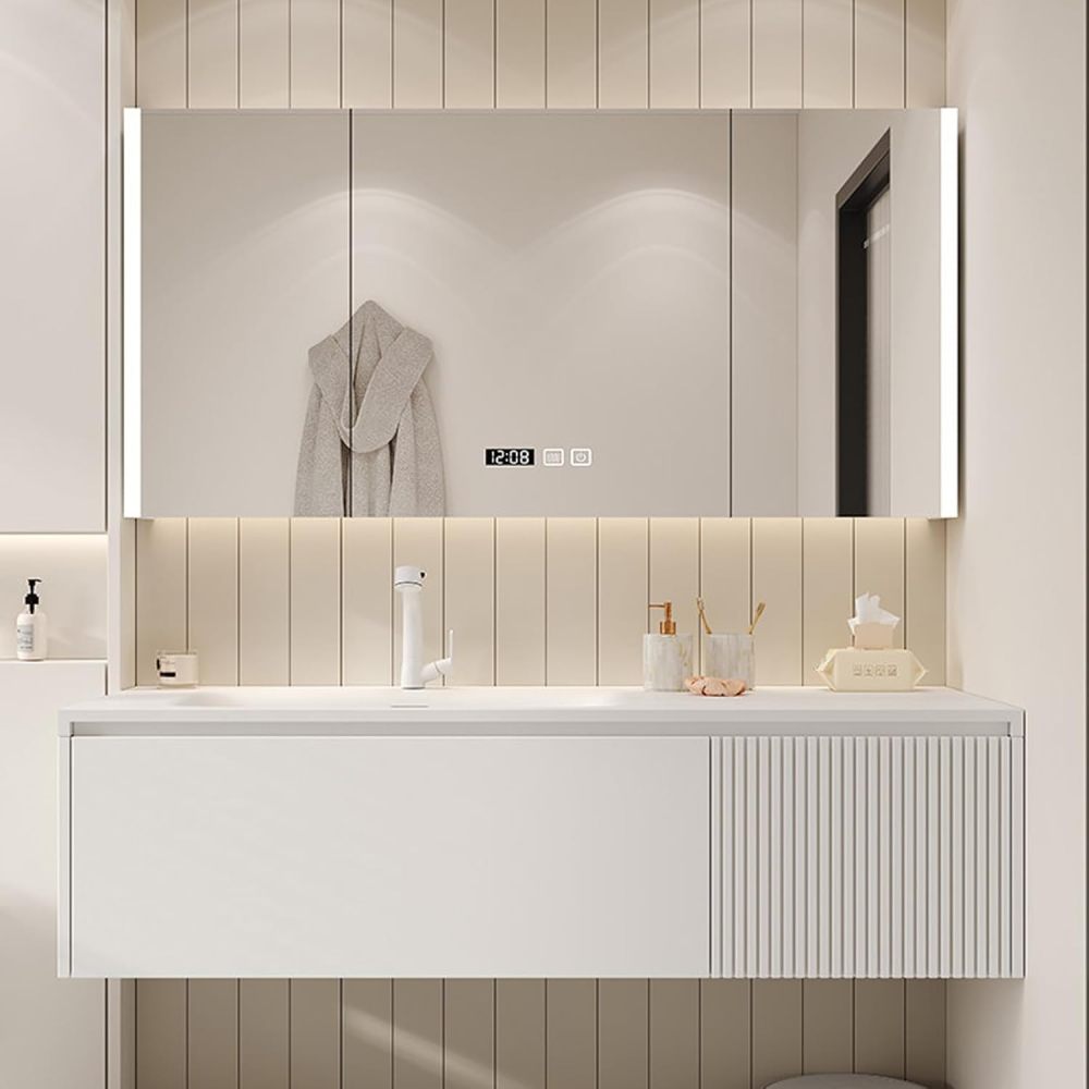 68IN Retro Solid Wood Bathroom Vanity with Sink - Stylish Bathroom Vanity Cabinet for Home Renovation, Single Floating Sink Design with Smart Defog Mirror, Ample Storage, White