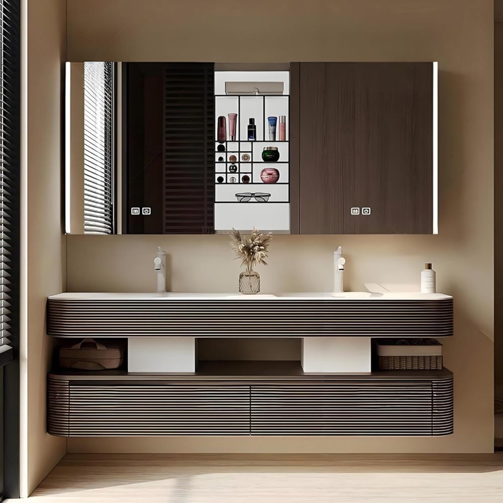 90IN Modern Solid Wood Bathroom Vanity with Sink - Stylish Wall-Mounted Vanity Cabinet with Smart Anti-Fog Mirror, Integrated Stone Sink, Ample Storage & Customizable Size, Brown