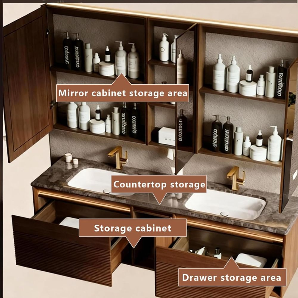 102IN Double Sink Bathroom Vanity - Solid Wood Bathroom Vanity with Smart Defog Mirror, Floating Bathroom Sink Cabinet with 2 Drawers, No Assembly Required, Mirror