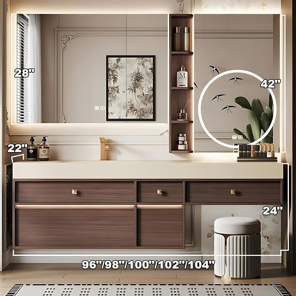 104IN Bathroom Vanity - Single Sink Bathroom Vanity with Makeup Table, Defog Mirror Cabinet and Open Shelf, Solid Wood Bath Sink Cabinet, Complete Accessorie, Includes Makeup Stool, Wood A